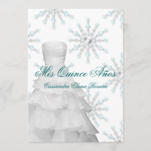 Ball Gown Teal Blue Winter Snowflakes Quinceanera Invitation