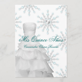 Ball Gown Teal Blue Winter Snowflakes Quinceanera Invitation