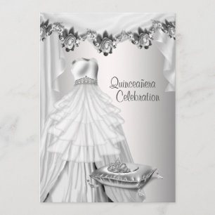 Ball Gown Tiara White Roses Princess Quinceanera Invitation