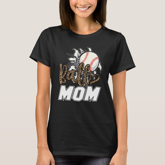 Ball Mom Leopard Baseball Softball Mama Women Moth T-Shirt (Front)