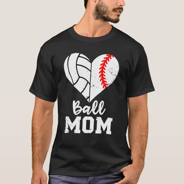 Ball Mum Heart Funny Baseball Volleyball Mum T-Shirt (Front)