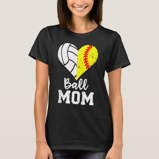 Ball Mum Heart  Softball Volleyball Mum T-Shirt (Front)