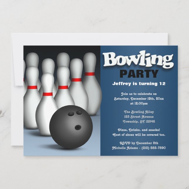 Ball & Pins Blue Bowling Birthday Party Invitation (Front)