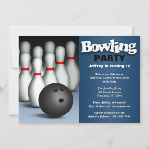 Ball & Pins Blue Bowling Birthday Party Invitation