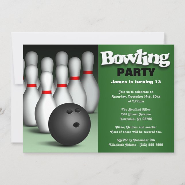 Ball & Pins Green Bowling Birthday Party Invitation (Front)