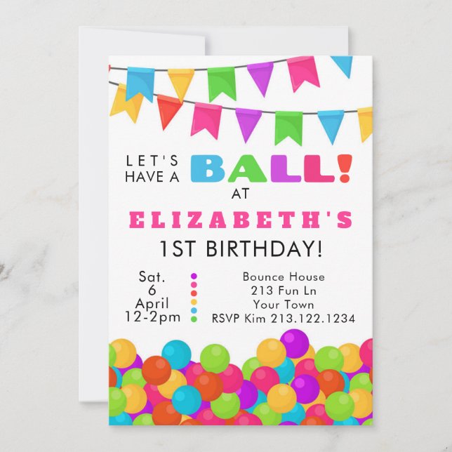 Ball Pit 1st Birthday Invitation Bounce Colourful (Front)