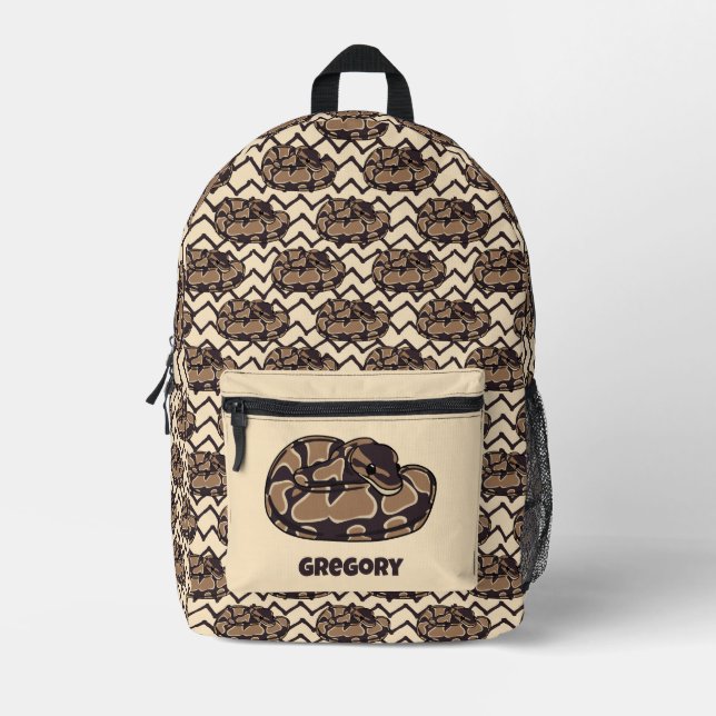 Ball Python Snake, Brown and Tan Illustrated Printed Backpack (Front)