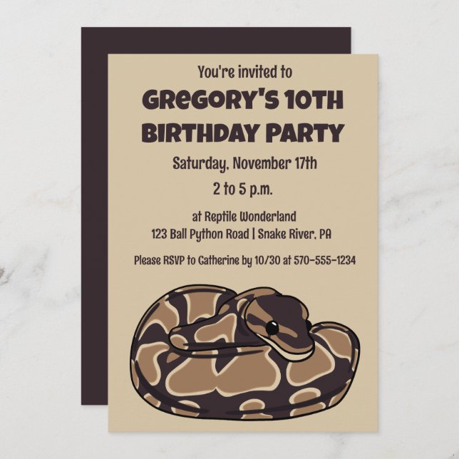 Ball Python Snake, Brown and Tan Personalised Invitation (Front/Back)