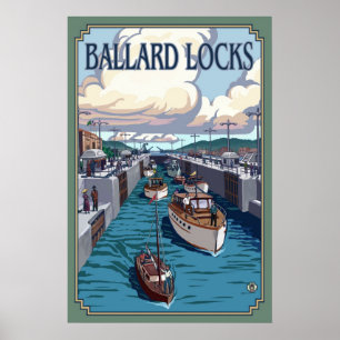 Ballard Locks - Seattle, WA Vintage Travel Poster