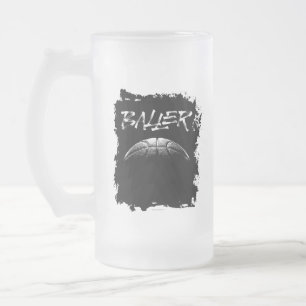 Baller (basketball) frosted glass beer mug