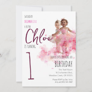Ballerina 1st Birthday Girl Photo Pink Floral Invitation