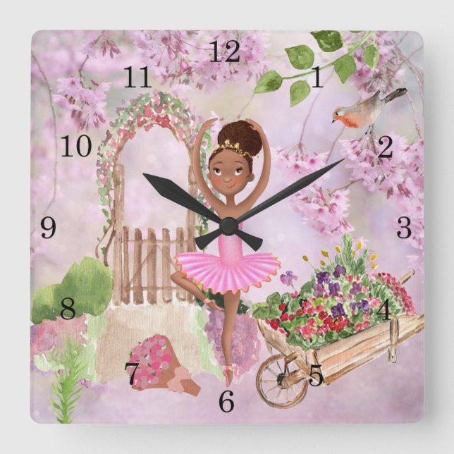 Ballerina African America Girl in Garden Ballet Square Wall Clock (Front)