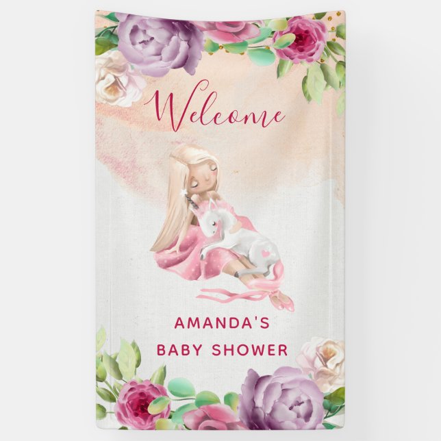 Ballerina and Baby Unicorn and Flowers Banner (Vertical)