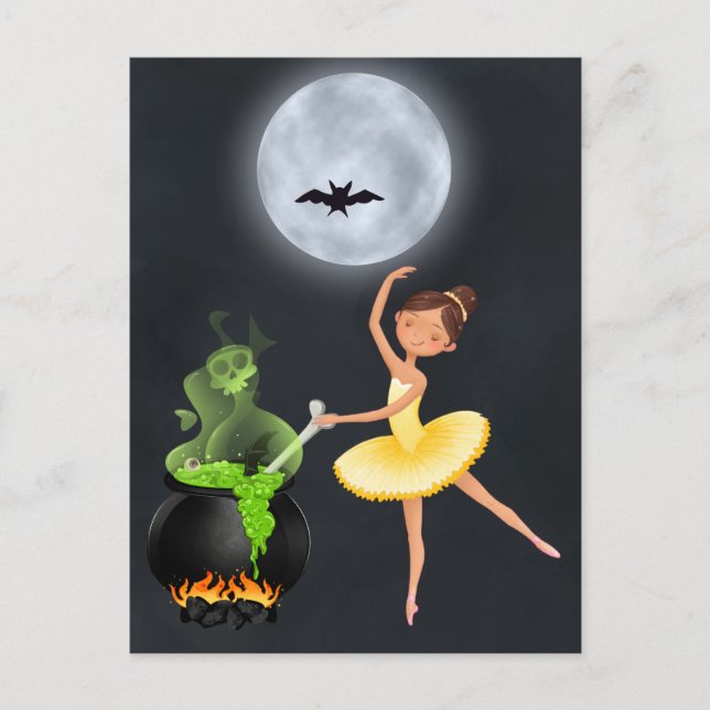 Ballerina and Cauldron Ballet Halloween Full Moon Postcard (Front)