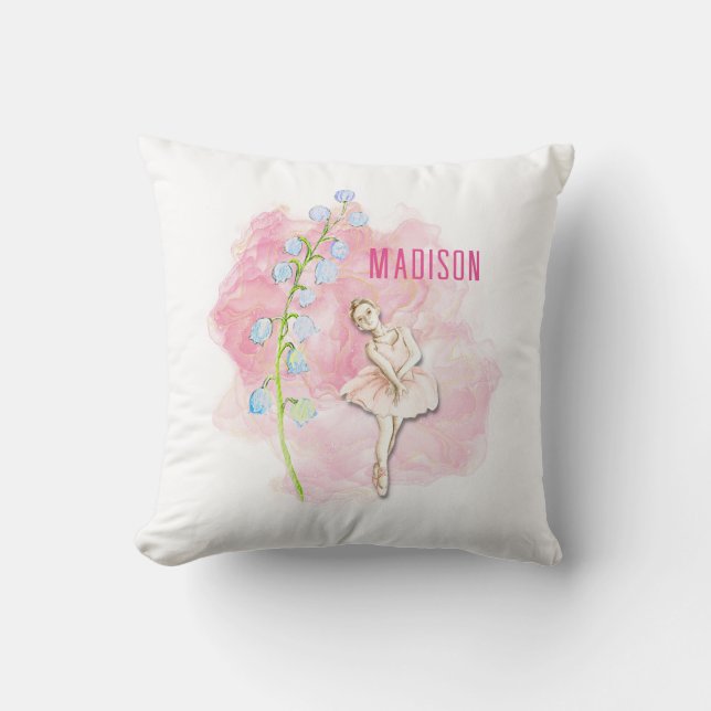 Ballerina and Lily of the Valley Floral on Pink Cushion (Front)