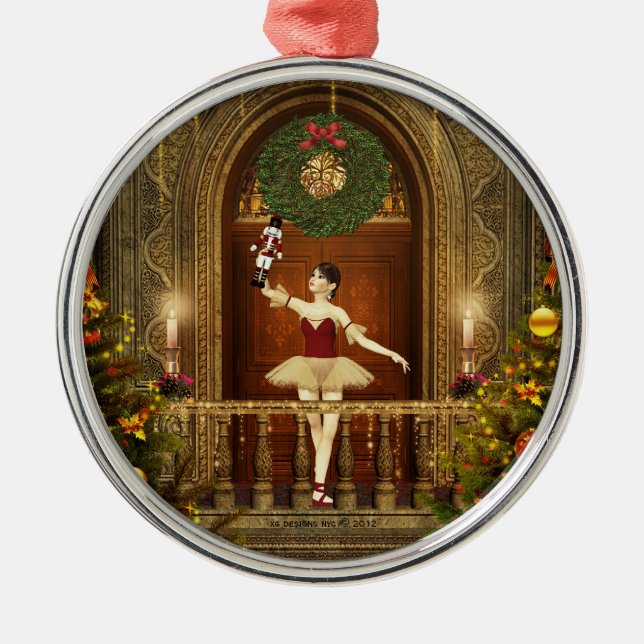 Ballerina and Nutcracker Round Silver Ornament (Front)