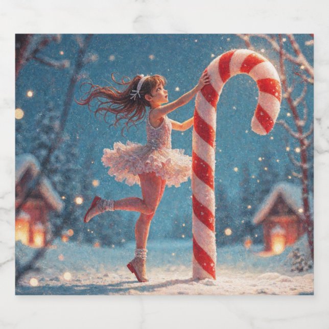 Ballerina Anime Girl & Candy Cane Christmas Sparkling Wine Label (Single Label)