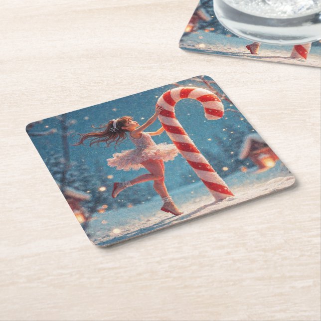 Ballerina Anime Girl & Candy Cane Christmas Square Paper Coaster (Angled)