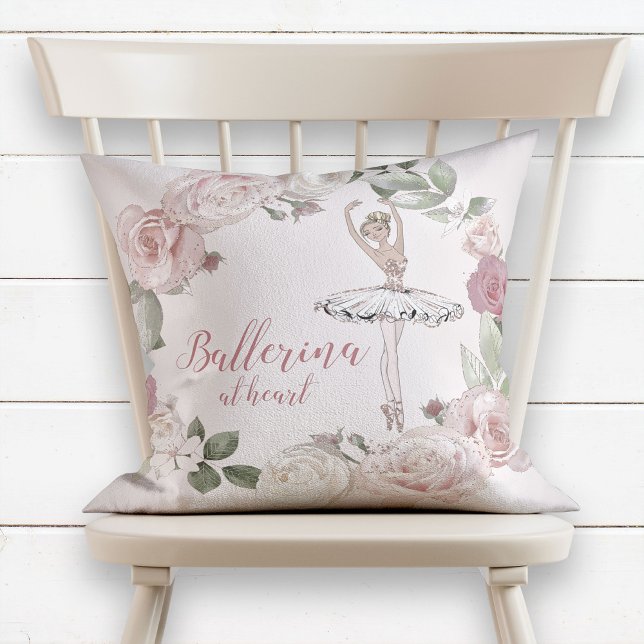 Ballerina at Heart Quote Blush Pink Glitter Floral Cushion (Creator Uploaded)