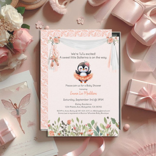 Ballerina Baby Girl Shower Tutu Elegant Penguin Invitation (Creator Uploaded)