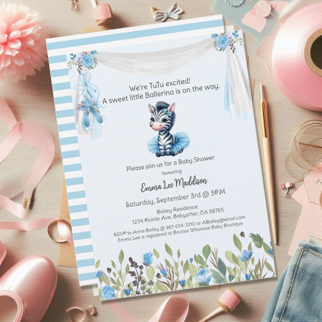 Ballerina Baby Girl Shower Tutu Elegant Zebra Invitation (Creator Uploaded)