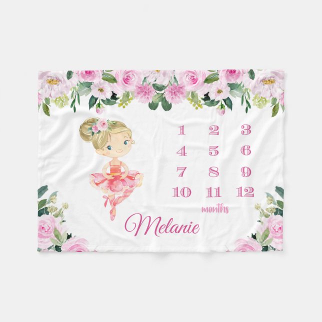 Ballerina Baby Monthly Milestone Tracker Pink  Fleece Blanket (Front (Horizontal))