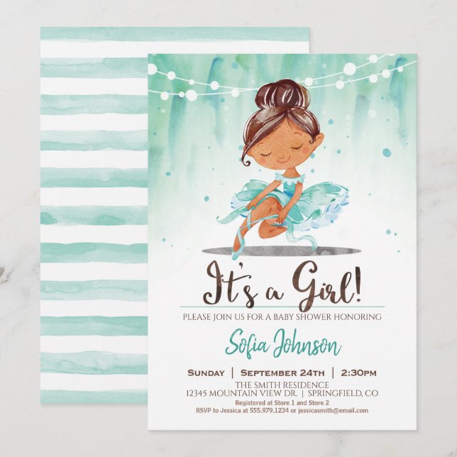 Ballerina Baby Shower Girl Mint Invitation (Front/Back)