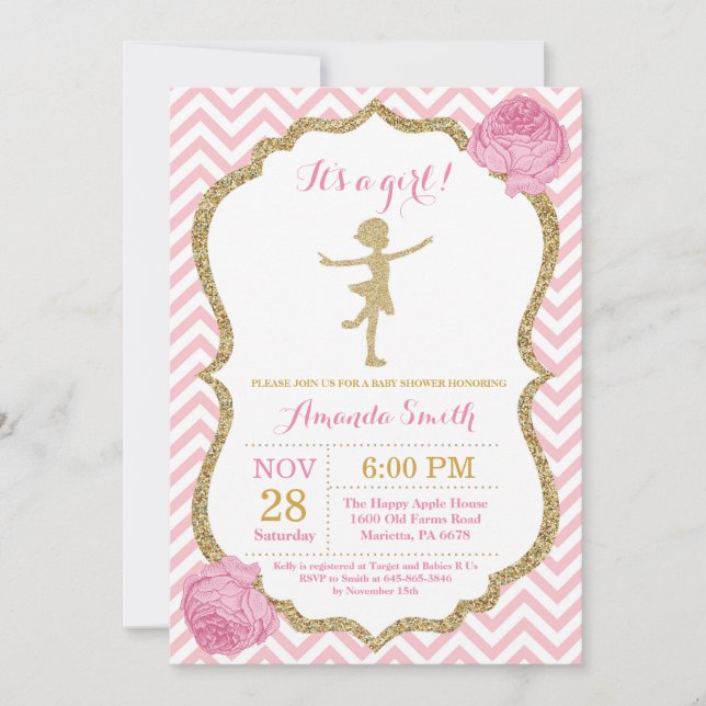 Ballerina Baby Shower Pink and Gold Glitter Invitation (Front)