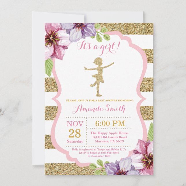 Ballerina Baby Shower Pink and Gold Glitter Invitation (Front)