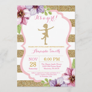 Ballerina Baby Shower Pink and Gold Glitter Invitation