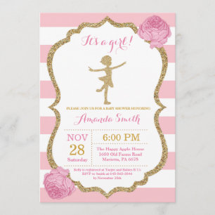 Ballerina Baby Shower Pink and Gold Glitter Invitation