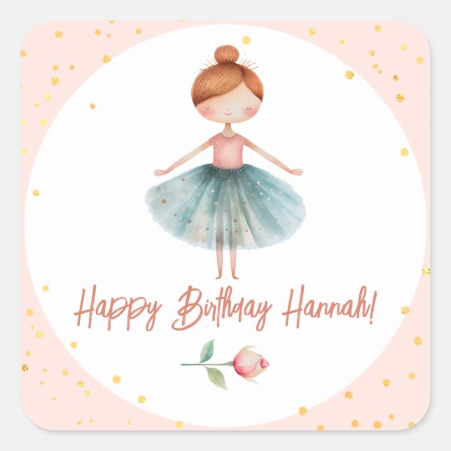 Ballerina Ballet Red Hair Pink Birthday Square Sticker (Front)