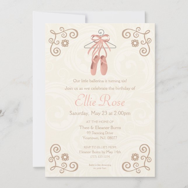 Ballerina Ballet Shoes Girl Birthday Invitation (Front)