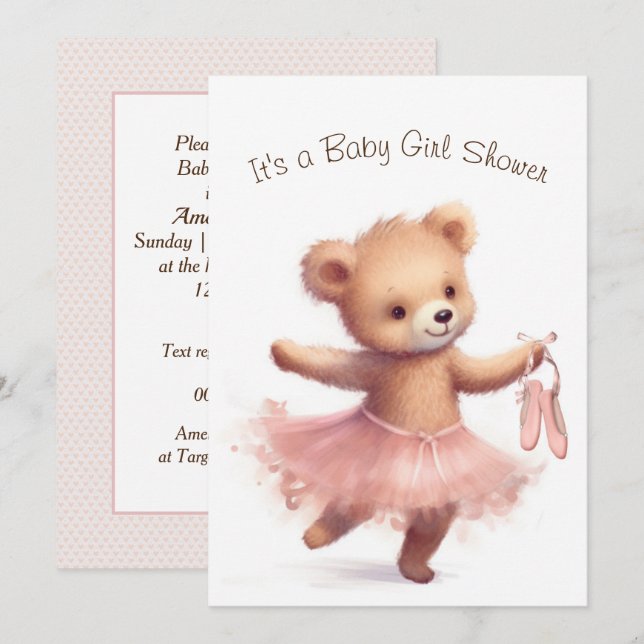 Ballerina Bear Baby Girl Shower Invitation (Front/Back)