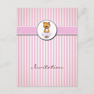 Ballerina Bear Pink Candy Stripe Invitation