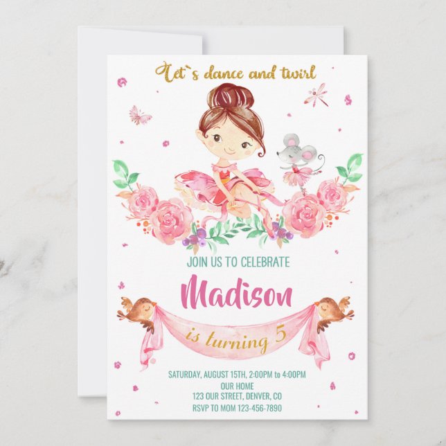 Ballerina birthday invitation Ballerina invitation (Front)