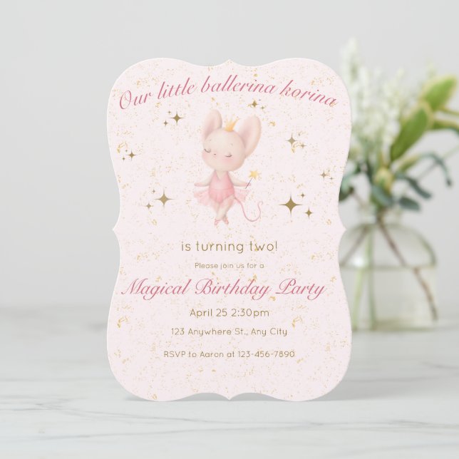 Ballerina Birthday Invitation in pink and Gold  (Standing Front)
