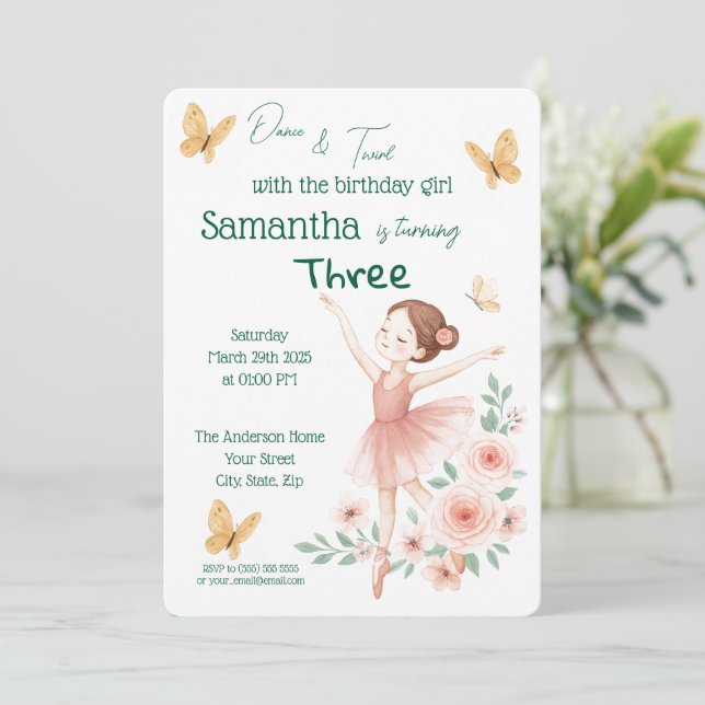 Ballerina Birthday Invitation – Pink Ballet Party  (Standing Front)