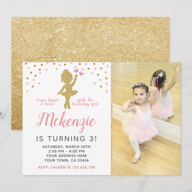 Ballerina Birthday Invitation with Photo (Front/Back)