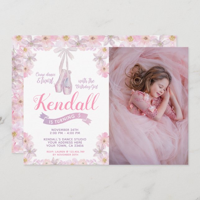 Ballerina Birthday Invitation with photo (Front/Back)