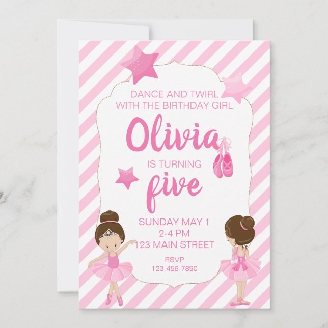 Ballerina Birthday Invitation with pink stripes (Front)