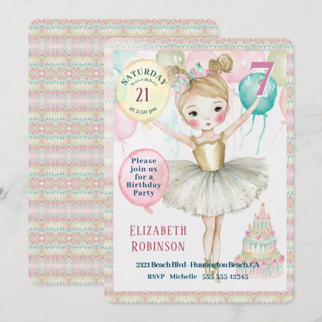  Ballerina Birthday Party Invitation (Front/Back)