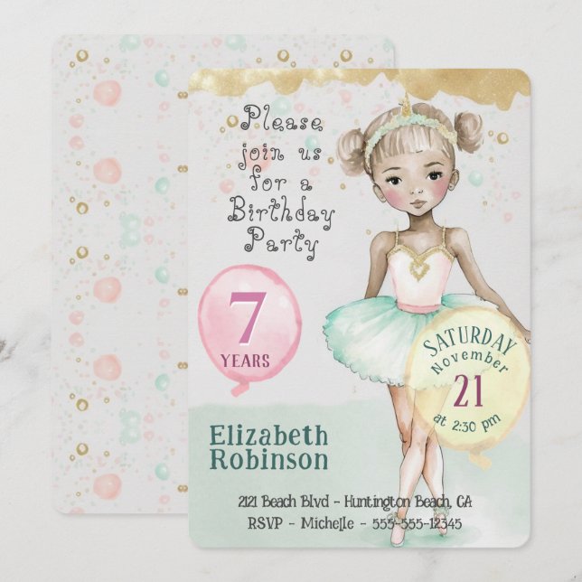  Ballerina Birthday Party Invitation (Front/Back)