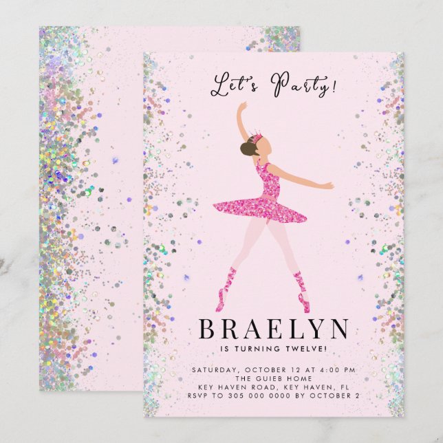 Ballerina Birthday Party Pink Glitter Design Invitation (Front/Back)