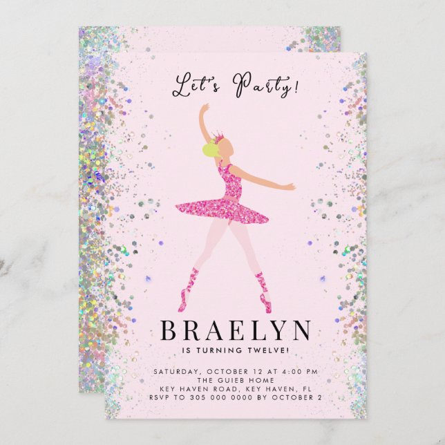 Ballerina Birthday Party Pink Glitter Design Invitation (Front/Back)