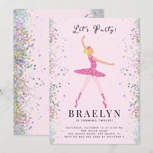 Ballerina Birthday Party Pink Glitter Design Invitation