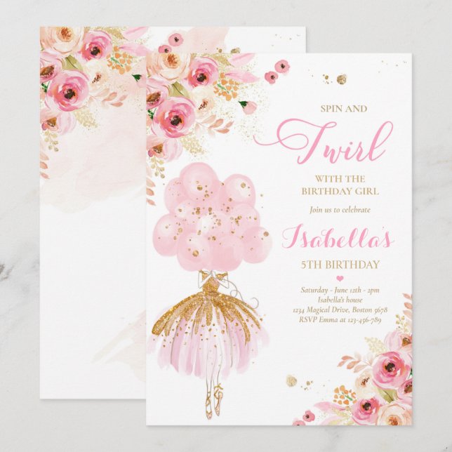 Ballerina Birthday Pink & Gold Floral Ballerina Invitation (Front/Back)