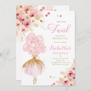 Ballerina Birthday Pink & Gold Floral Ballerina Invitation