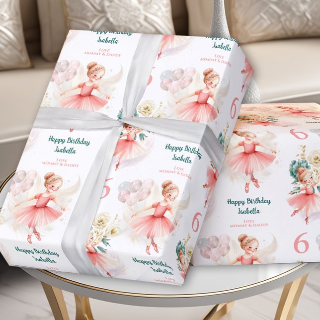 Ballerina Blonde Girl Birthday Pink Custom Name Wrapping Paper (Ballerina Blond Girl Birthday Pink Custom Name Wrapping Paper)