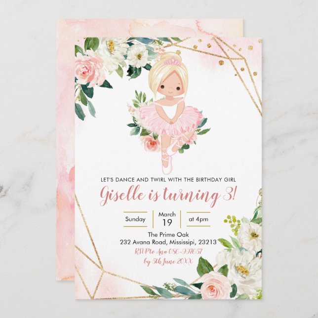 Ballerina Blonde Girl Pink Gold Floral Invitation (Front/Back)